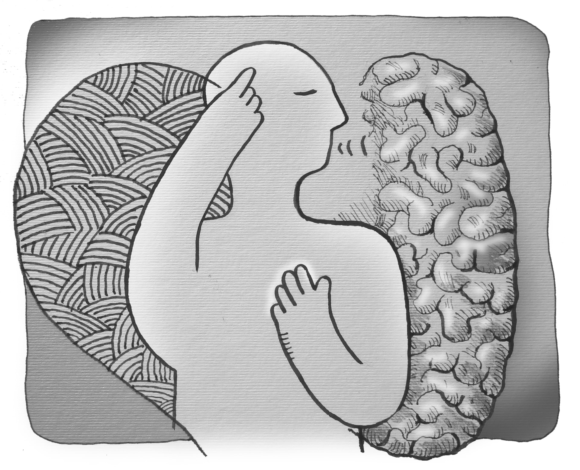 Illustration of a person between a heart and a brain — sentipensante, thinking with the heart
